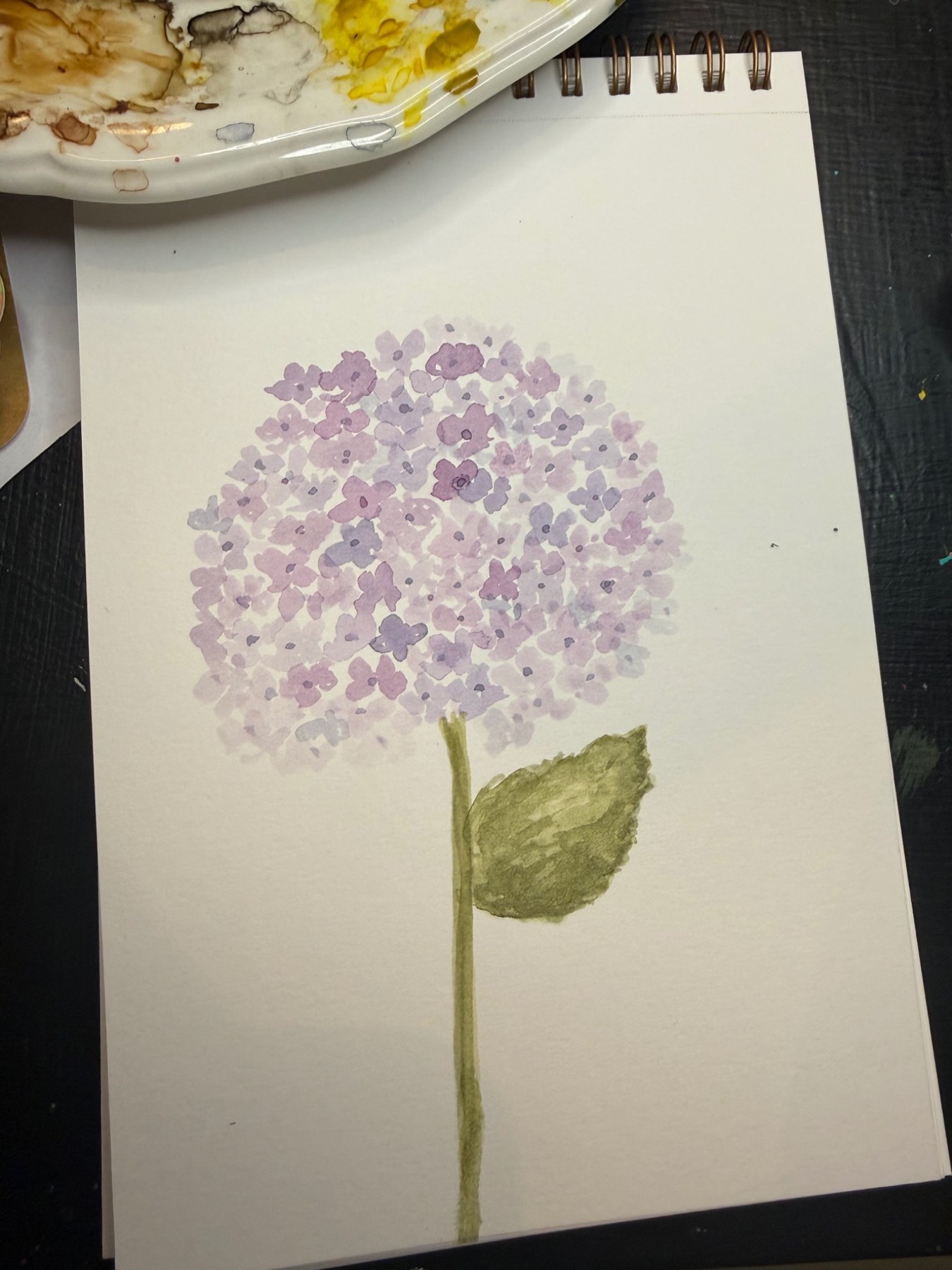 A single lavender hydrangea stem on a sketchbook