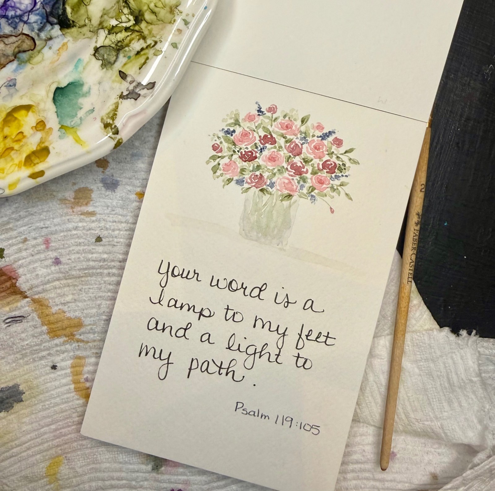 Floral watercolor with handwritten Psalm 119 verse 105